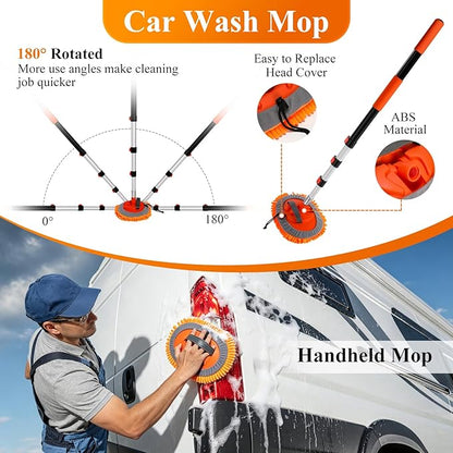 Truck Wash Kit with Long Handle, 12FT Extension Pole with Car Wash Brush, Mop & Window Squeegee, Exterior Cleaning Kit for RV, Large Truck & Car, Includes Wheel Brush, Wash Mitt & Storage Bag