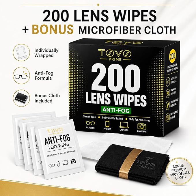 Anti Fog Wipes for Glasses, 200 Count Individually Wrapped Lens Cleaning Wipes, Pre-Moistened Eyeglass Cleaner for Sunglasses, Goggles, Phone & Screens + Microfiber Cloth, TOVO PRIME