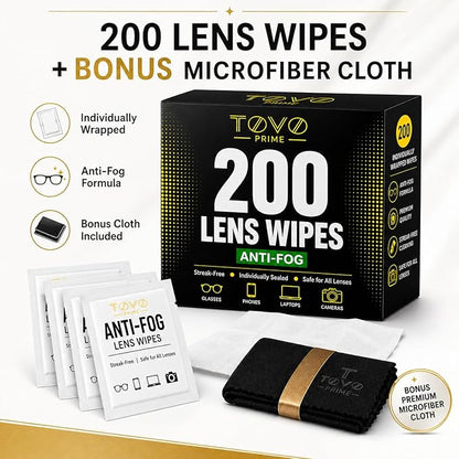 Anti Fog Wipes for Glasses, 200 Count Individually Wrapped Lens Cleaning Wipes, Pre-Moistened Eyeglass Cleaner for Sunglasses, Goggles, Phone & Screens + Microfiber Cloth, TOVO PRIME