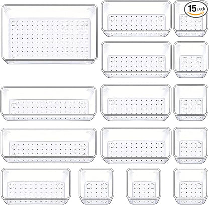 Manalete Drawer Organizers Set of 15, 4 Sizes Clear Plastic Drawer Organizers and Storage Bins for Kitchen, Bathroom, Office, Dresser Desk Drawer Organizer Tray for Jewelry, Makeup, Junk, Gadgets