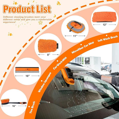 LAANPOLE 20FT Car Wash Brush with Long Handle, Car Cleaning Kit with Soft Bristle Wash Brush, Microfiber Cleaning Mop, Window Squeegee, Mitt, Wheel Brush for RV, Truck, Boat, House Siding
