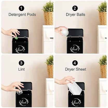 Magnetic Lint Bin for Laundry Room, Metal Lint Trash Can with Lid for Dryer, Wall Mounted Lint Holder Box with Lint Brush, Modern Farmhouse Laundry Room Decor, Black