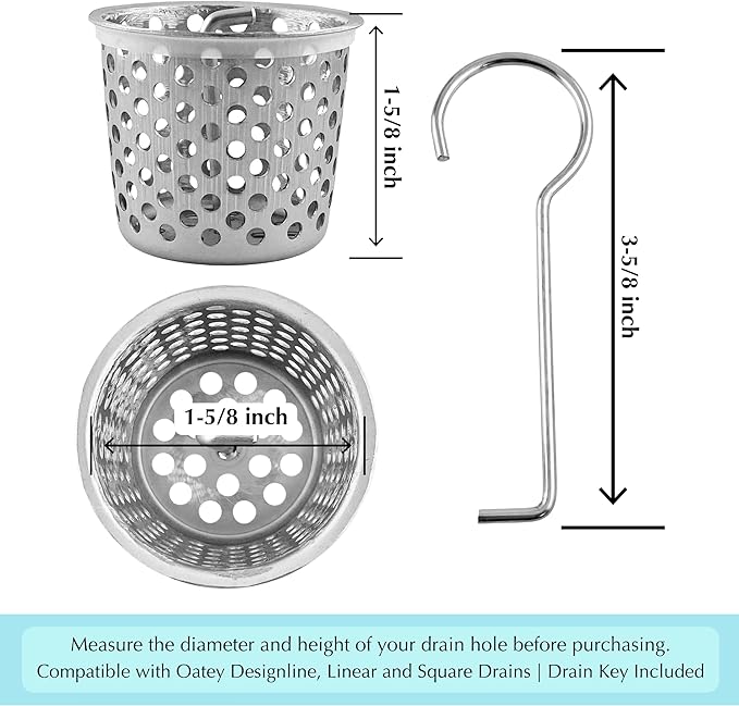 Shower Drain Strainer for Oatey Designline Shower Drain, Linear and Square with Shower Drain Key for Drain Grate Removal, Stainless Steel
