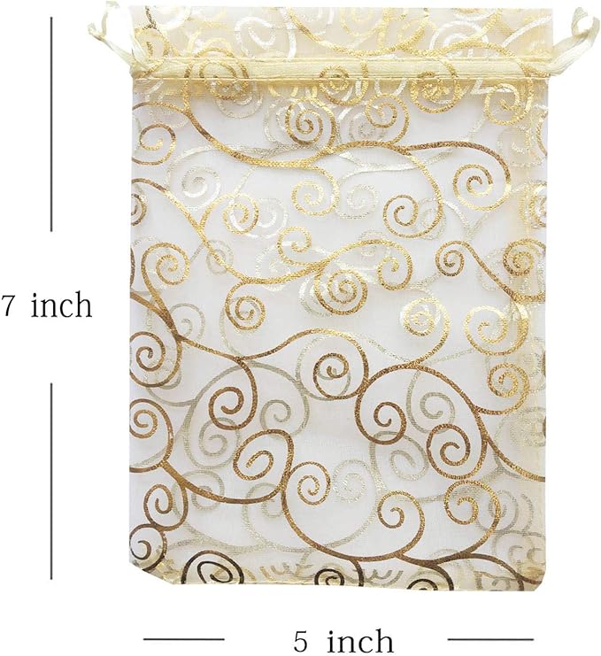 100 Pcs 5x7 inch Gift Wrap Bags Gold Rattan, Organza Sheer Clear Tulle Fabric, Drawstring Mesh Bags for Baby Shower Favor, Jewelry, Birthday Party Favor,Sachet,Christmas Favour,Craft Business,Jewelery