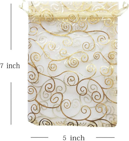 100 Pcs 5x7 inch Gift Wrap Bags Gold Rattan, Organza Sheer Clear Tulle Fabric, Drawstring Mesh Bags for Baby Shower Favor, Jewelry, Birthday Party Favor,Sachet,Christmas Favour,Craft Business,Jewelery