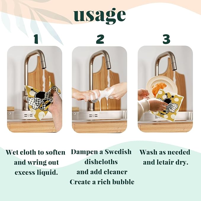 Bee Summer Yellow Swedish Dishcloths for Kitchen, Swedish Dish Cloths for Bee Happy, Papaya Reusable Paper Towels, 4 Pack Dish Towels for Kitchen, Papaya Reusable Paper Towels Washable