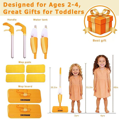 2PACK Toddlers Spray Mop (Real Works), No Batteries, Endless Fun| Kids Cleaning Set, Mini Mop for Age 2-5 Year| Montessori Toy Gifts for Baby Boys Girls, Fine Motor Skill (4 Washable Pads)