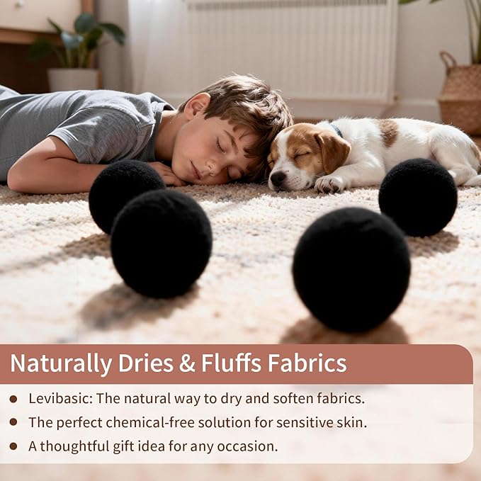 Wool Dryer Balls, New Zealand Dryer Balls Laundry Reusable Reduce Static Cling, Dryer Ball to Reduce Wrinkles & Shorten Drying Time, Drying Balls for Laundry(Pack of 6) (Black-Lamb)