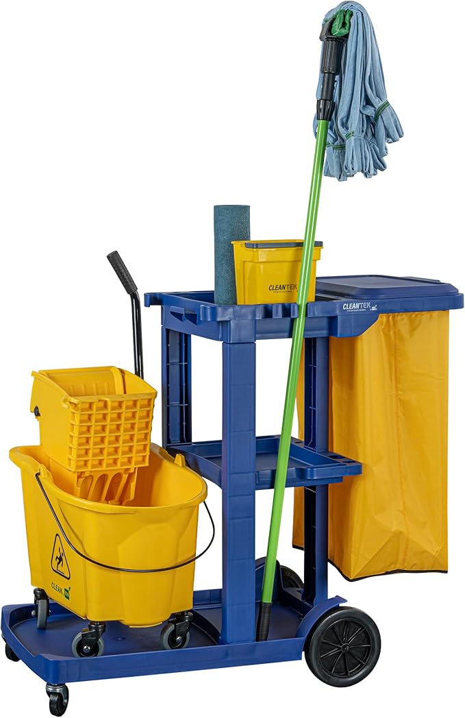 Restaurantware-Clean Tek Professional Janitor Cart with Wheels, 1 Cleaning Trolley with Cover and 18 Gallon Bag - 3 Shelves, Heavy-Duty, Blue Plastic Commercial Janitorial Cart, for Restaurants