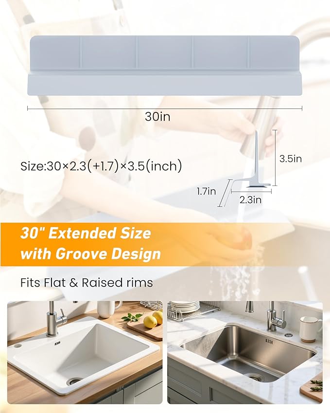Kitchen Sink Splash Guard 30" 23" 18" Silicone Water Guard with Suction Cups, Faucet & Countertop Protector, Bathroom & Sink Edge Splash Guard Strip, Easy Install, Dishwasher Safe-Grey
