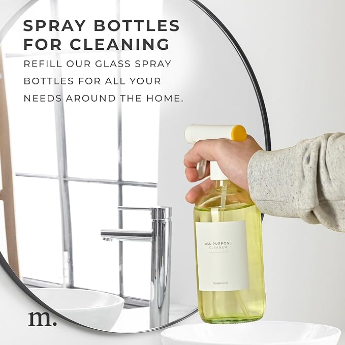 MAISONOVO Glass Kitchen Spray Bottle 16 Oz Pack of 2 - Yellow Food Grade Spray Bottle with Fortified Glass - Ideal for Oil, Vinegar, Cooking, BBQ, Food Prep, Countertops & Kitchen Use - 16 Labels
