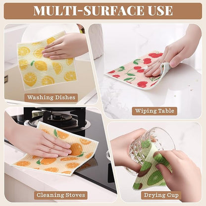 Homaxy Swedish Dishcloths for Kitchen, 8 Pack Fruit Reusable Paper Towels with Clips, Absorbent Cellulose Sponge Dish Cloths for Washing Dishes, Non-Scratch & Odor-Free Dish Rags
