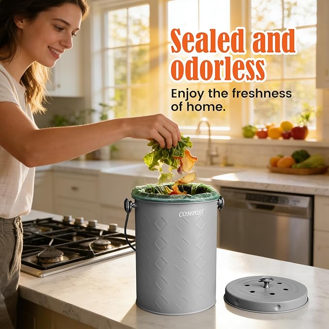 AOSION Countertop Compost Bin Kitchen,Odorless Indoor Compost Bin with Lid,Farmhouse Composter Container for Food Waste,Includes 2 Carbon Filters, Small Compost Bucket,Trash Bags (Modern, Grey)