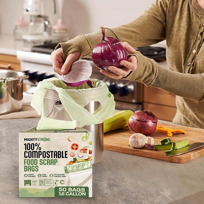 Compost Bags with Handles - 50 Pieces 1.6 Gallon/6 Liter Compostable Trash Bags, Small Trash Bags, Certified By BPI And OK Compost, Food Scrap Waste Bags