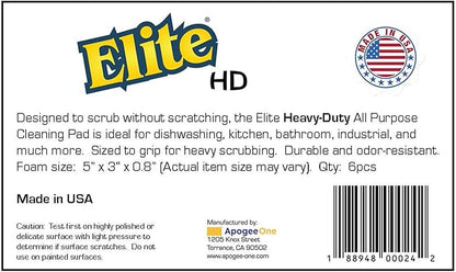 Elite HD (Heavy Duty) All Purpose Cleaning Pad, 6 Pack, Non Scratch, Dish Sponge, Scrubber, Made in USA. Large Thick Sponge for Household and Industrial Use. Sized to Grip for Heavy Scrubbing.