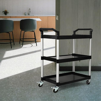 3-Tier Utility Rolling Cart with Wheels, Durable Catering carts with Wheels, Rolling Storage Cart for Hotel Canteen Resturant Office (Black, 31.4" D x 16.5" W x 37.7" H)