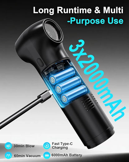 Electric Air Duster & Vacuum 2-in-1, Dual Brushless Motor 130000RPM Compressed Air Duster, 16000PA Handheld Vacuum, 3 Speed Mini Blower, Fast Charging 6000mAh Rechargeable, Keyboard Car Cleaning Kit