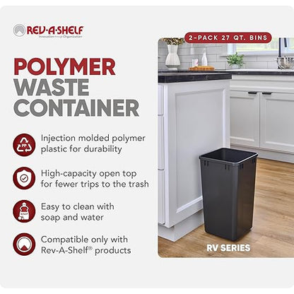 Rev-A-Shelf 27 qt Polymer Replacement Waste Container for Rev-A-Shelf Pullouts, Kitchen Cabinet Trash Can Recycle Bin, RV-1024-18-2, Black (2-Pack)