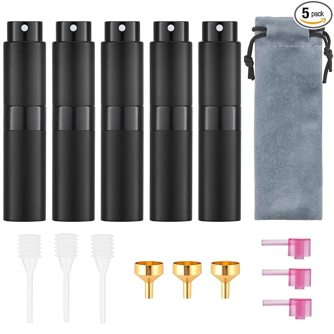 Tekson 5PCS 8ml Travel Perfume Atomizer Refillable, Mini Cologne Spray Bottle Empty, Small Aftershave Sprayer for Liquid Dispenser (Black)