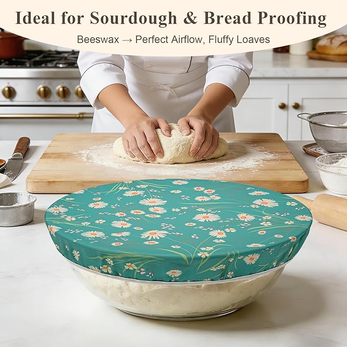 3 Pack Beeswax Bowl Covers Reusable (12 Inch Large),Bowl Covers for Bread Proofing,Elastic,Natural Beeswax Organic Cotton,For Sourdough Proofing,Large Containers&Food Storage