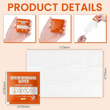 Stain Remover Wet Wipes Bulk, Individual Wrapped Clothes Portable Travel Messy Eater Cleaning Laundry Stain Removal Wipes Pocket Size for Clothing Fabric/Shoes/Wine/Fast Food 7.1 x 4.7 Inch(Orange 50)