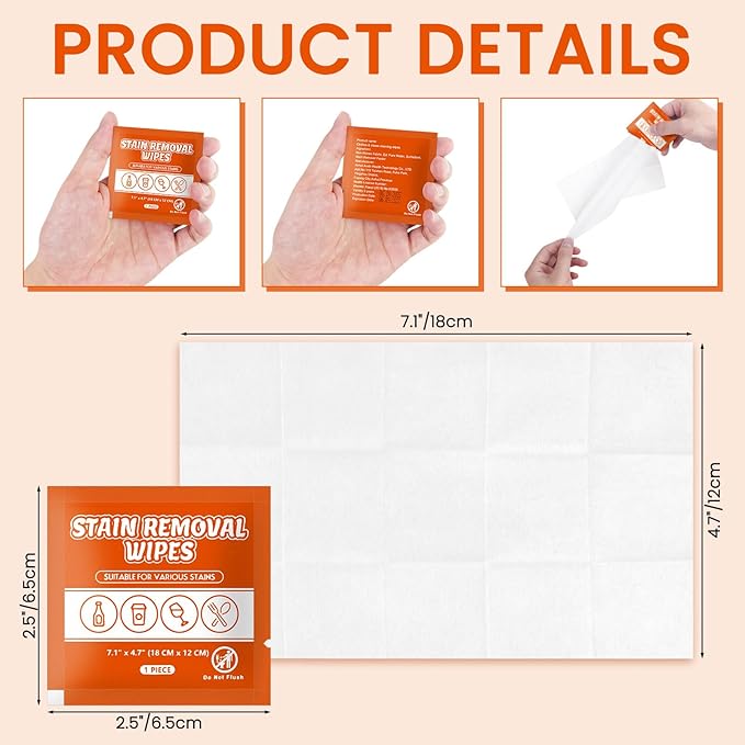 Stain Remover Wet Wipes Bulk, Individual Wrapped Clothes Portable Travel Messy Eater Cleaning Laundry Stain Removal Wipes Pocket Size for Clothing Fabric/Shoes/Wine/Fast Food 7.1 x 4.7 Inch(Orange200)