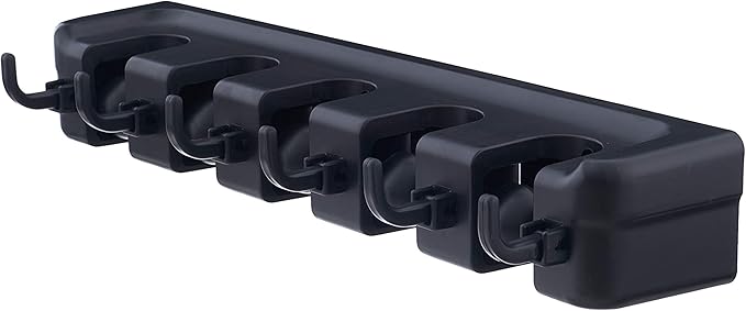 Superio Mop and Broom Holder Wall Mount (Black) Cleaning Tools Wall Organizer, 5 Rack Slots and 6 Hooks for Kitchen Closet Garage Garden and Office