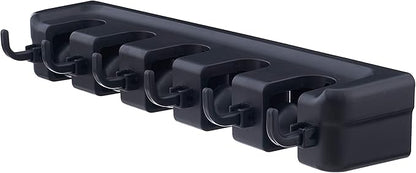 Superio Mop and Broom Holder Wall Mount (Black) Cleaning Tools Wall Organizer, 5 Rack Slots and 6 Hooks for Kitchen Closet Garage Garden and Office