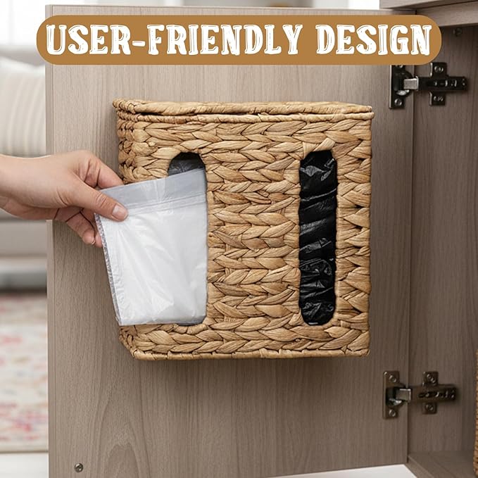 Garbage Bag Dispenser with Lid Plastic Trash Bag Holder Under Sink Storage Organizers Wall Mount Water Hyacinth Grocery Bags Holder for Kitchen, Cabinet, Countertop