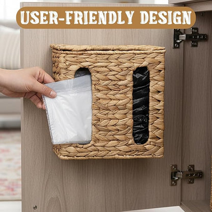 Garbage Bag Dispenser with Lid Plastic Trash Bag Holder Under Sink Storage Organizers Wall Mount Water Hyacinth Grocery Bags Holder for Kitchen, Cabinet, Countertop