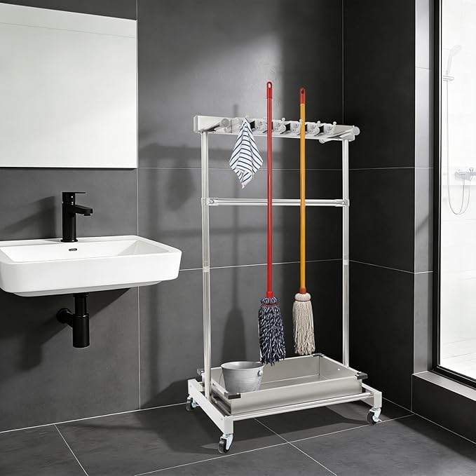 Broom Mop Holder Cleaning Supplies Organizer, Mobile Mop Rack with Water Basin & 12 Hooks, Freestanding Cleaning Tool Cart Storage Rack for Home Garden Garage Schools Hotels (Stainless Steel Basin)