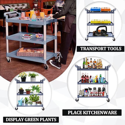 Plastic Utility Carts with Wheels, 3-Tier Large Size Restaurant Food Cart, Heavy Duty 600lbs Capacity Rolling Service Cart w/Hammer for Commercial, Kitchen, Office (Lockable Wheels, L-Grey)
