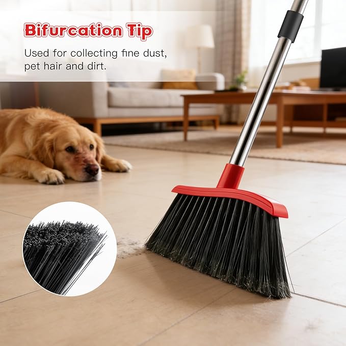 Broom and Step-on Dustpan Set, 59-in Adjustable Long Handle Broom with Dustpan Combo Set Outdoor Angle Broom for Sweeping Indoor Dust Pet Hair for Cleaning Kitchen Garage Deck Patio, Black&Red