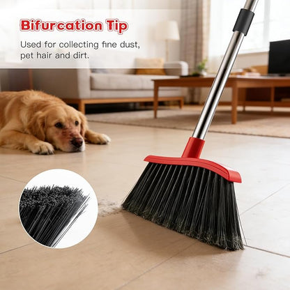 Broom and Step-on Dustpan Set, 59-in Adjustable Long Handle Broom with Dustpan Combo Set Outdoor Angle Broom for Sweeping Indoor Dust Pet Hair for Cleaning Kitchen Garage Deck Patio, Black&Red