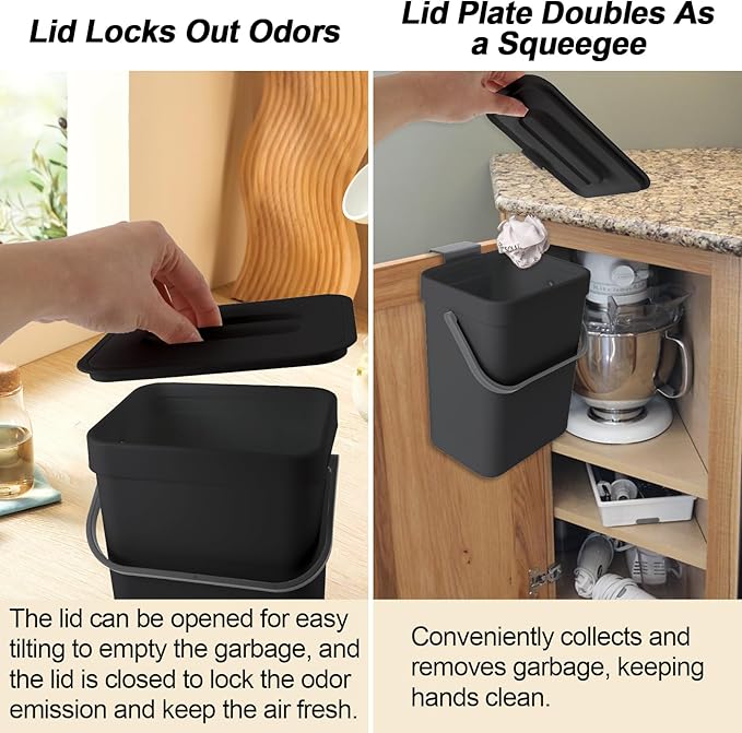 Compost Bin Kitchen, for use on Countertops or Under Sinks, Hanging Trash Can with Lid, for Cupboard/Bathroom/Bedroom/Office/Camping, Mountable Indoor Compost Bucket(Black 0.8 Gallon/3L)