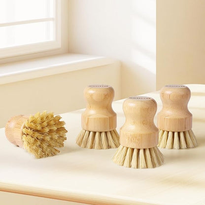 4 Pack Bamboo Dish Brush, Dish Scrubber Brush with Sisal Bristle, Natural Scrub Brush for Kitchen Cleaning Dishes, Pots, Pans, Bottles, Vegetables