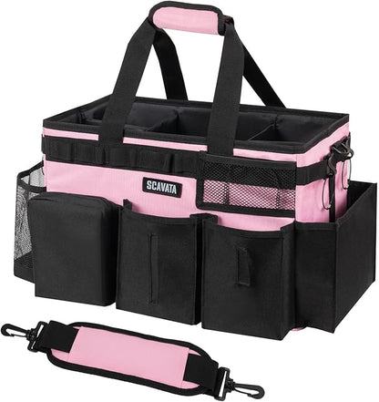 SCAVATA Wearable Cleaning Caddy Bag, Cleaning Caddy Supplies Organizer with Handle & Shoulder Straps for Housekeepers, Under Sink & Car Cleaning Tool Organizers with 4 Foldable Divider (SweetPink)