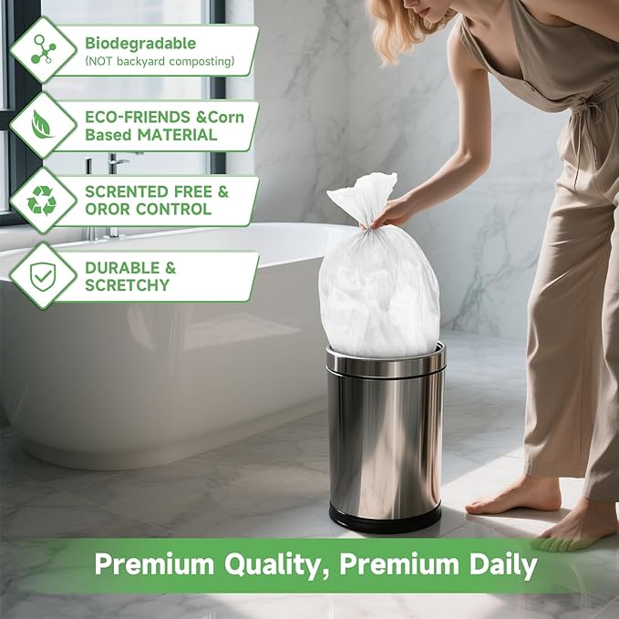 Biodegradable 1.2 Gallon Small Trash Bags - Unscented 100 Count Tiny Garbage Bag Bulk Clear White Strong Thick Compostable Scrap Bin Liners for Kitchen Office or Outdoor Garden Heihaily