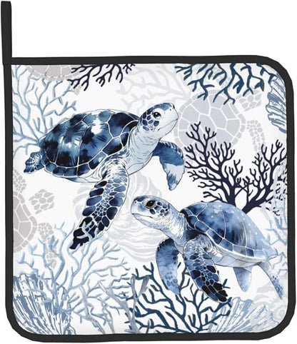 Coastal Oven Mitts and Pot Holders Sets of 2 Summer Kitchen Mitts Blue Sea Turtle Hot Pads for Cooking Baking Grilling