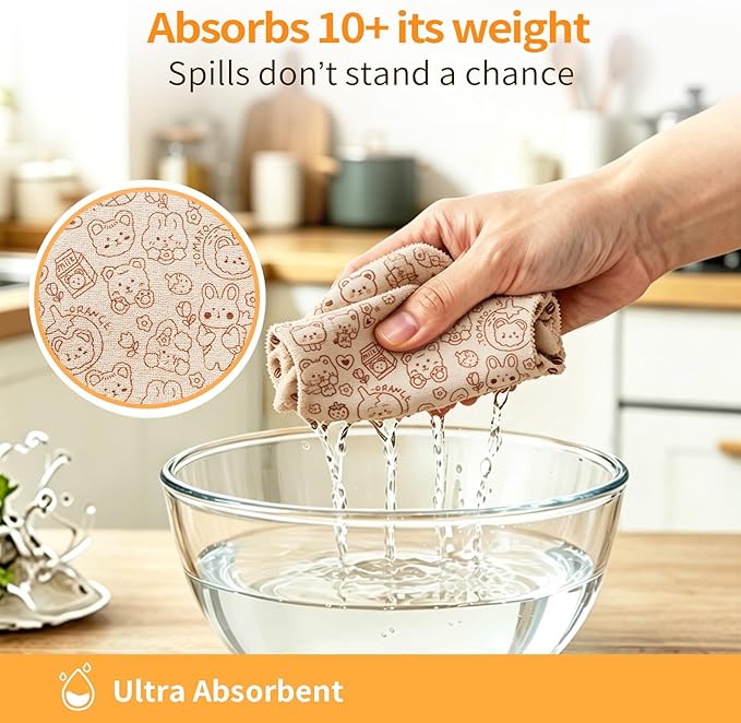 Microfiber Cleaning Cloth Roll, 50 Tear-Away Sheets, Reusable & Washable, Lint-Free, Non-Scratch Super Absorbent Rags for Kitchen, Home, Windows & Screens, Cute Brown Bear Pattern, 12x12 in