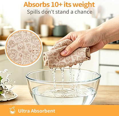 Microfiber Cleaning Cloth Roll, 50 Tear-Away Sheets, Reusable & Washable, Lint-Free, Non-Scratch Super Absorbent Rags for Kitchen, Home, Windows & Screens, Cute Brown Bear Pattern, 12x12 in