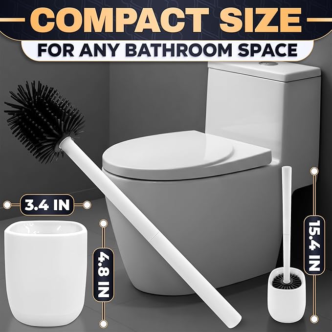 Toilet Brush and Holder Set - Silicone Toilet Bowl Brush with White Holder Base, Compact Bath Accessory for Small Spaces - Easy to Place and Simple to Store After Use, Plastic Bathroom Cleaning Tool