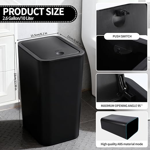 2.6 Gallon (10L) Slim Dog-Proof Trash Can with Press Pop-Up Lid - Odor-Blocking Small Garbage Can Includes 75 Trash Bags, Space-Saving Design for Bedroom, Kitchen, Bathroom & Office