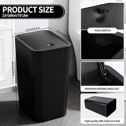 2.6 Gallon (10L) Slim Dog-Proof Trash Can with Press Pop-Up Lid - Odor-Blocking Small Garbage Can Includes 75 Trash Bags, Space-Saving Design for Bedroom, Kitchen, Bathroom & Office