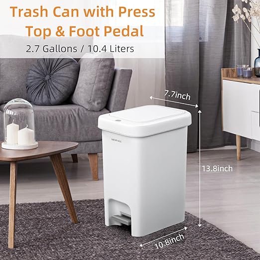 MOPALL 2.7 Gallon Small Bathroom Trash Can with Lid Soft Close, Garbage Can with Press Top Lid & Foot Pedal, Step Trashcan Slim Trash Bin Waste Basket for Toilet, Office, Bedroom, Kitchen, Living Room