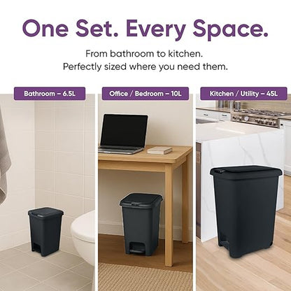 Superio 6.5L, 10L and 45L Slim Step & Push Trash Cans - 3 Pack, Dual Opening, Smooth Matte Finish, Durable Plastic - Black