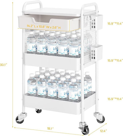 3 Tier Metal Rolling Utility Cart with Drawer & Pegboard - Multifunctional Storage Cart on Wheels with Tabletop, Hooks & Basket, Sturdy Craft & Art Cart for Bathroom, Bedroom, Children Room, White