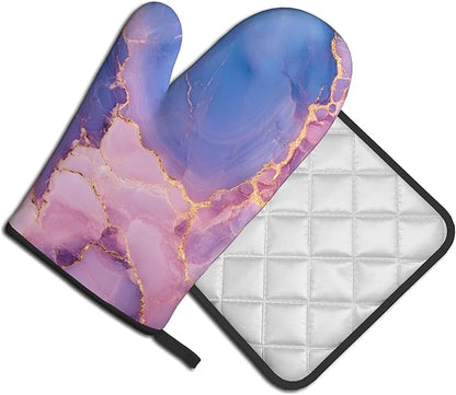 Oven Mitt and Pot Holders Sets - Marble Kitchen Mitts Decorative Purple Pink Oven Gloves Hot Pads Set of 2 for Cooking Baking Grilling