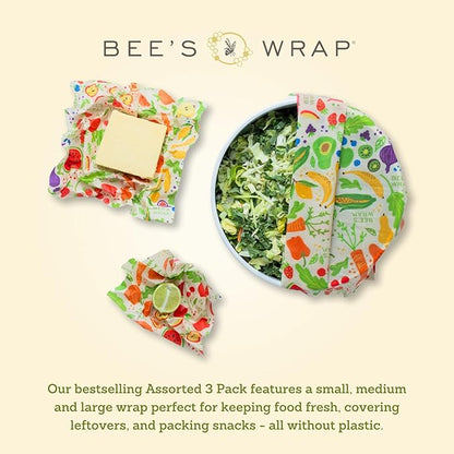 Bee's Wrap Beeswax Wraps for Food - 3 Pack of Assorted Beeswax Wraps - Small, Medium & Large Wrap - Plastic Free Made in USA Reusable Natural Food Wrap - Garden Party Print