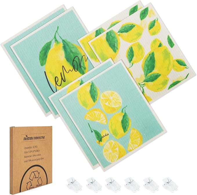 Swedish Dishcloths for Kitchen, 6 Pack Lemon Swedish Dish Towels with Clips, Reusable Paper Towels Washable Non-Scratch Super Absorbent Cellulose Sponge Cloths, Biodegradable No Odor